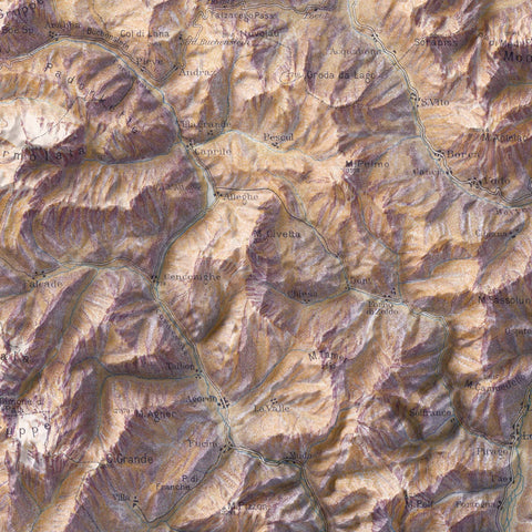 Dolomites (Italy) 1911 topographic restored antique shaded relief map print on fine art paper close-up