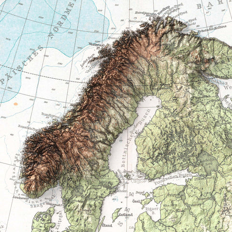 1899 Europe shaded relief topographic map print with 3D effect fine art wall decor. VizCart from Vizart.