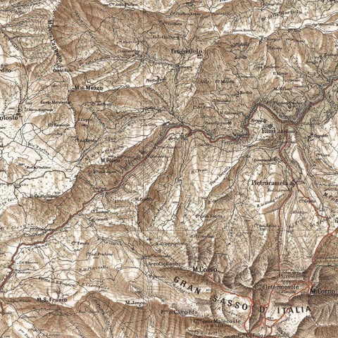 Gran Sasso d'Italia (Italia), mappa topografica - 1887, Ristampa vintage
