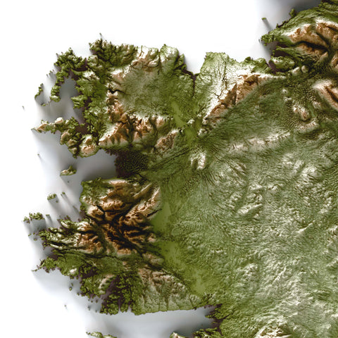 Ireland shaded relief elevation tint map (GEO) print with 3D effect fine art wall decor. VizCart from Vizart.