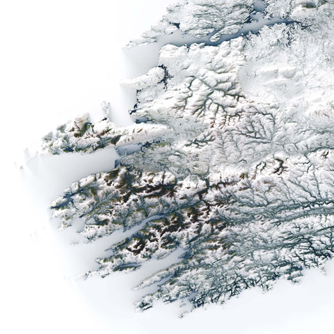 Ireland shaded relief elevation tint map (WHITE) print with 3D effect fine art wall decor. VizCart from Vizart.