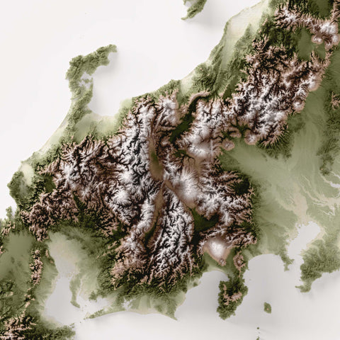 Japan, Elevation tint - Geo, 2D printed shaded relief map with 3D effect of Japan with geo hypsometric tint. Shop our beautiful fine art printed maps on supreme Cotton paper. Vintage maps digitally restored and enhanced with a 3D effect., VizCart from Vizart