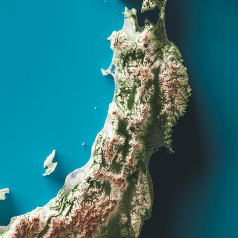 Japan, Elevation tint - Geolight, 2D printed shaded relief map with 3D effect of Japan with geo hypsometric tint. Shop our beautiful fine art printed maps on supreme Cotton paper. Vintage maps digitally restored and enhanced with a 3D effect., VizCart from Vizart