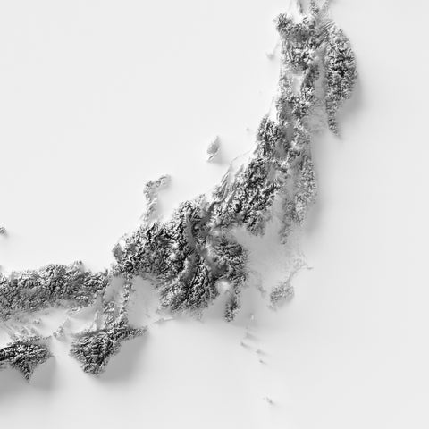 Japan, Elevation tint - White, 2D printed shaded relief of hypsometric map with 3D effect of Japan with monochrome white tint. Shop our beautiful fine art printed maps on supreme Cotton paper. Vintage maps digitally restored and enhanced with a 3D effect., VizCart from Vizart
