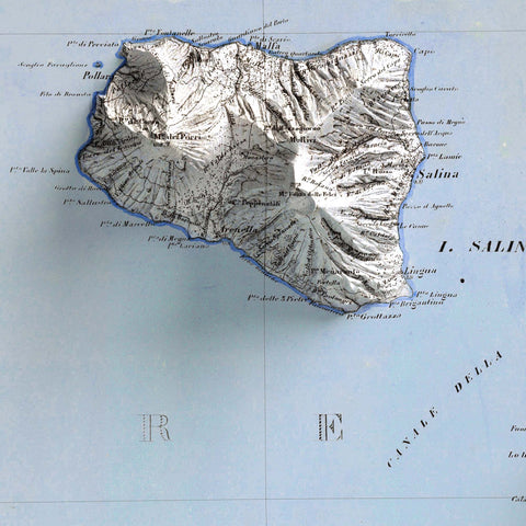 Lipari (Italy), Topographic map - 1873, 2D printed shaded relief map with 3D effect of a 1873 topographic map of Lipari (Italy). Shop our beautiful fine art printed maps on supreme Cotton paper. Vintage maps digitally restored and enhanced with a 3D effect. VizCart from Vizart