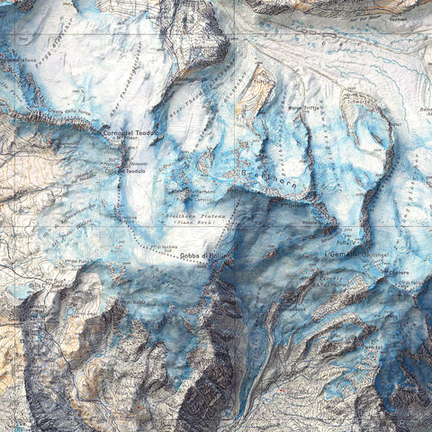 Matterhorn and Mt Rosa (Italy), Topographic map - 1928, 2D printed shaded relief map with 3D effect of a 1928 topographic map of Matterhorn and Mount Rosa. Shop our beautiful fine art printed maps on supreme Cotton paper. Vintage maps digitally restored and enhanced with a 3D effect. VizCart from Vizart