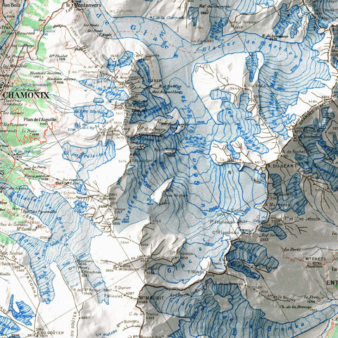 Mt Blanc (France, Italy, Switzerland), Topographic map - 1946, 2D printed shaded relief map with 3D effect of a 1946 topographic map of Mont Blanc. Shop our beautiful fine art printed maps on supreme Cotton paper. Vintage maps digitally restored and enhanced with a 3D effect. VizCart from Vizart