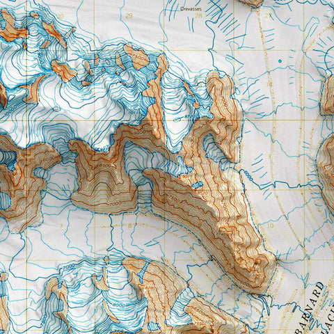 Mt Bona (Alaska, USA), Topographic map - 1966, 2D printed shaded relief map with 3D effect of a 1966 topographic map of Mt Bona (Alaska, USA). Shop our beautiful fine art printed maps on supreme Cotton paper. Vintage maps digitally restored and enhanced with a 3D effect. VizCart from Vizart