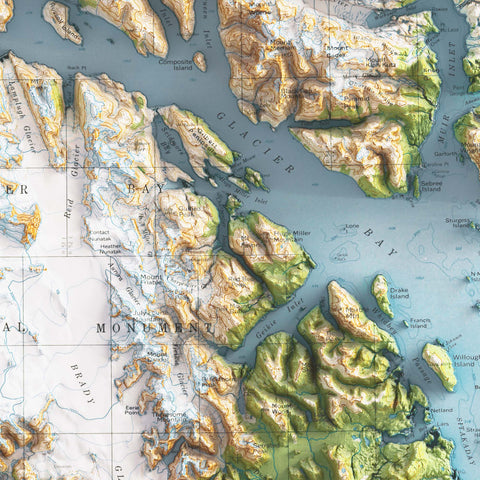 1979 Mount Fairweather (Alaska, USA) shaded relief map print with 3D effect fine art wall decor. VizCart from Vizart