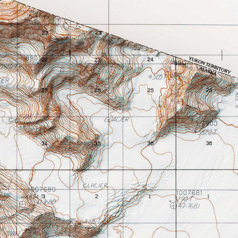 Mt Saint Elias (Alaska, USA), Topographic map - 1985, 2D printed shaded relief map with 3D effect of a 1985 topographic map of Mt Saint Elias (Alaska, USA). Shop our beautiful fine art printed maps on supreme Cotton paper. Vintage maps digitally restored and enhanced with a 3D effect. VizCart from Vizart