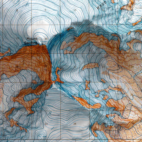 Mt Sanford (Alaska, USA), Topographic map - 1964, 2D printed shaded relief map with 3D effect of a 1964 topographic map of Mt Sanford (Alaska, USA). Shop our beautiful fine art printed maps on supreme Cotton paper. Vintage maps digitally restored and enhanced with a 3D effect. VizCart from Vizart