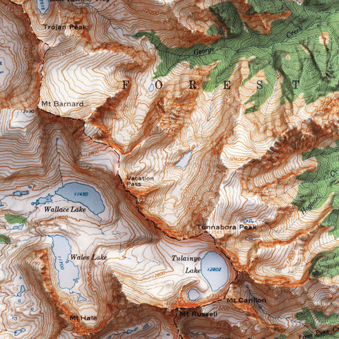 Mt Whitney (California, USA), Topographic map - 1960, 2D printed shaded relief map with 3D effect of a 1960 topographic map of Mt Whitney (California, USA). Shop our beautiful fine art printed maps on supreme Cotton paper. Vintage maps digitally restored and enhanced with a 3D effect. VizCart from Vizart