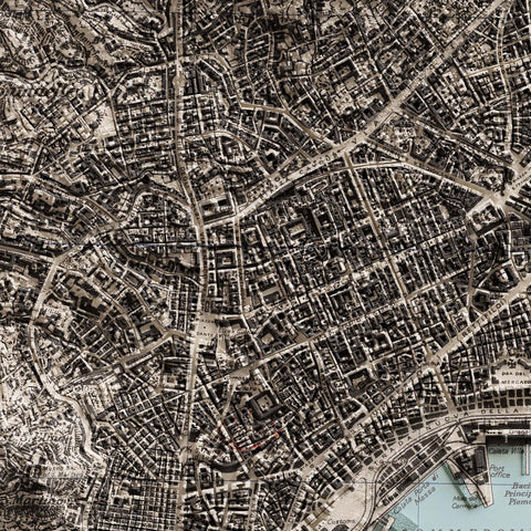 Naples (Italy), City map - 1943, 2D printed shaded relief map with 3D effect of a 1943 city map of Naples. Shop our beautiful fine art printed maps on supreme Cotton paper. Vintage maps digitally restored and enhanced with a 3D effect. VizCart from Vizart