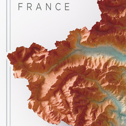 Piedmont (Italy) spectral shaded relief elevation map printed on fine art paper close-up