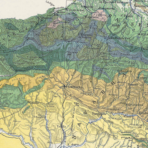 1891 Pyrenees (France, Spain) restored vintage geological map reprinted on fine art paper. Vizcart from Vizart