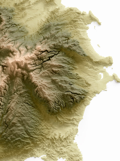 Sicily (Italy), Elevation tint - Geo, 2D printed shaded relief map with 3D effect of Sicily (Italy) with geo hypsometric tint. Shop our beautiful fine art printed maps on supreme Cotton paper. Vintage maps digitally restored and enhanced with a 3D effect., VizCart from Vizart