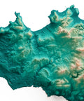 Sicily (Italy), Elevation tint - Spectral, 2D printed shaded relief map with 3D effect of Sicily (Italy) with spectral hypsometric tint. Shop our beautiful fine art printed maps on supreme Cotton paper. Vintage maps digitally restored and enhanced with a 3D effect. VizCart from Vizart