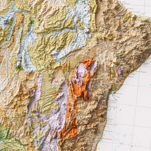 1950 South America shaded relief map print with 3D effect fine art wall decor. VizCart from Vizart.