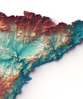 Spain continental, Elevation tint - Spectral, 2D printed shaded relief map with 3D effect of Spain continental with spectral tint. Shop our beautiful fine art printed maps on supreme Cotton paper. Vintage maps digitally restored and enhanced with a 3D effect. VizCart from Vizart