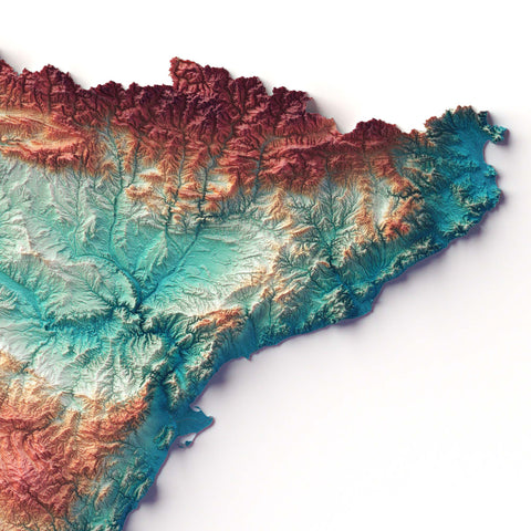 Spain continental, Elevation tint - Spectral, 2D printed shaded relief map with 3D effect of Spain continental with spectral tint. Shop our beautiful fine art printed maps on supreme Cotton paper. Vintage maps digitally restored and enhanced with a 3D effect. VizCart from Vizart