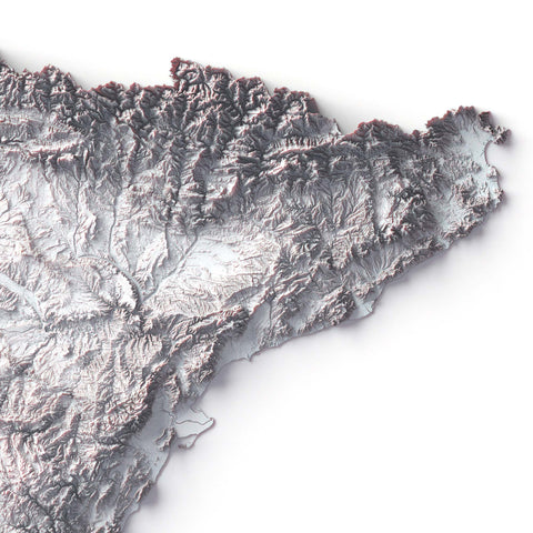 Spain continental, Elevation tint - White, 2D printed shaded relief map with 3D effect of Spain continental with monocrome white tint. Shop our beautiful fine art printed maps on supreme Cotton paper. Vintage maps digitally restored and enhanced with a 3D effect. VizCart from Vizart