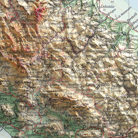 Abruzzo and Molise (Italy), Topographic map - 1928, 2D printed shaded relief map with 3D effect of a 1928 topographic map of Abruzzo and Molise (Italy). Shop our beautiful fine art printed maps on supreme Cotton paper. Vintage maps digitally restored and enhanced with a 3D effect. VizCart from Vizart