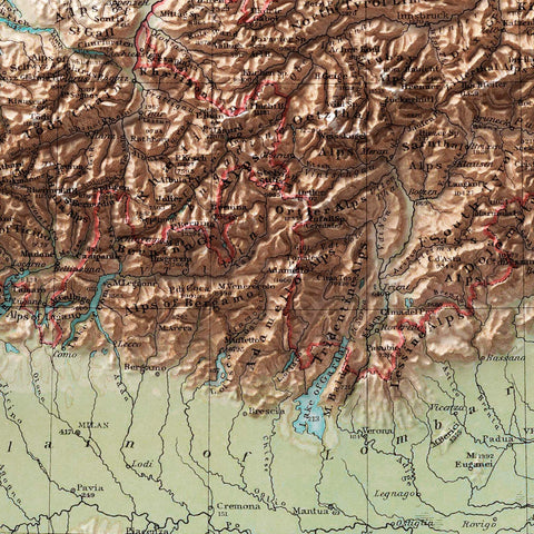 1900 Alps shaded relief map print with 3D effect fine art wall decor. VizCart from Vizart.
