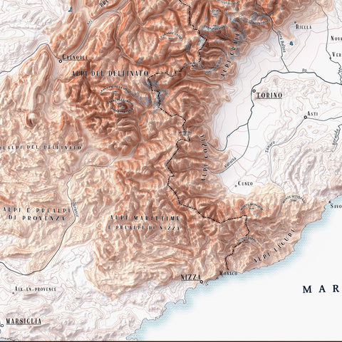 2025 Alps shaded relief map print with 3D effect fine art wall decor. VizCart from Vizart.