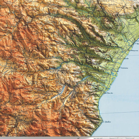 Apulia and Lucania (Italy), Topographic map - 1950, 2D printed shaded relief map with 3D effect of a 1950 topographic map of Apulia and Lucania (Italy). Shop our beautiful fine art printed maps on supreme Cotton paper. Vintage maps digitally restored and enhanced with a 3D effect. VizCart from Vizart