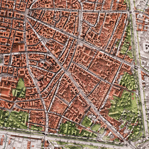 Bologna (Italy), City map - 1890, 2D printed shaded relief map with 3D effect of a 1890 city map of Bologna. Shop our beautiful fine art printed maps on supreme Cotton paper. Vintage maps digitally restored and enhanced with a 3D effect. VizCart from Vizart