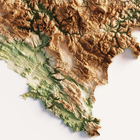 Bosnia and Herzegovina, Elevation tint - Geo, 2D printed shaded relief map with 3D effect of Abruzzo (Italy) with geo hypsometric tint. Shop our beautiful fine art printed maps on supreme Cotton paper. Vintage maps digitally restored and enhanced with a 3D effect. VizCart from Vizart