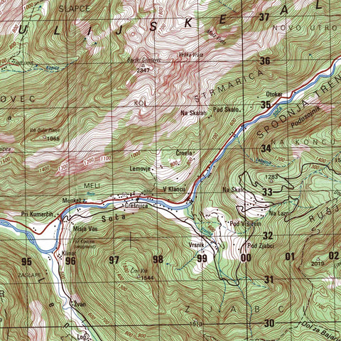 1987 Valley of Soča (Slovenia) restored vintage topographic map reprinted on fine art paper. VizCart from VizArt.