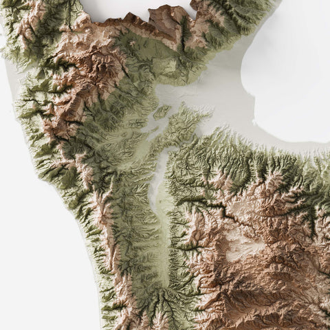 Calabria (Italy), Elevation tint - Geo, 2D printed shaded relief map with 3D effect of Calabria (Italy) with geo hypsometric tint. Shop our beautiful fine art printed maps on supreme Cotton paper. Vintage maps digitally restored and enhanced with a 3D effect. VizCart from Vizart