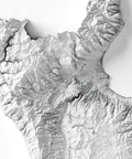 Calabria (Italy), Elevation tint - White, 2D printed shaded relief map with 3D effect of Calabria (Italy) with monochrome white tint. Shop our beautiful fine art printed maps on supreme Cotton paper. Vintage maps digitally restored and enhanced with a 3D effect. VizCart from Vizart