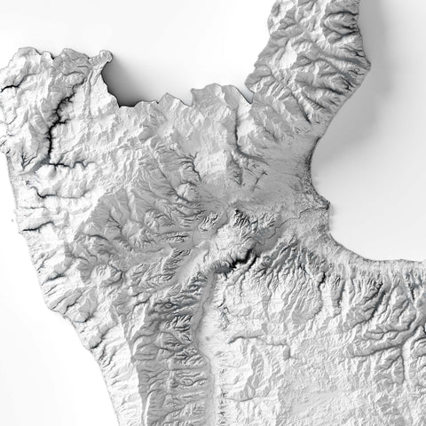 Calabria (Italy), Elevation tint - White, 2D printed shaded relief map with 3D effect of Calabria (Italy) with monochrome white tint. Shop our beautiful fine art printed maps on supreme Cotton paper. Vintage maps digitally restored and enhanced with a 3D effect. VizCart from Vizart