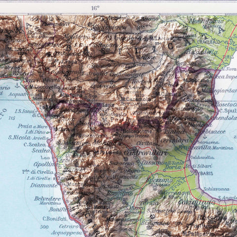 Calabria (Italy), Topographic map - 1930, 2D printed shaded relief map with 3D effect of a 1930 topographic map of Calabria (Italy). Shop our beautiful fine art printed maps on supreme Cotton paper. Vintage maps digitally restored and enhanced with a 3D effect. VizCart from Vizart