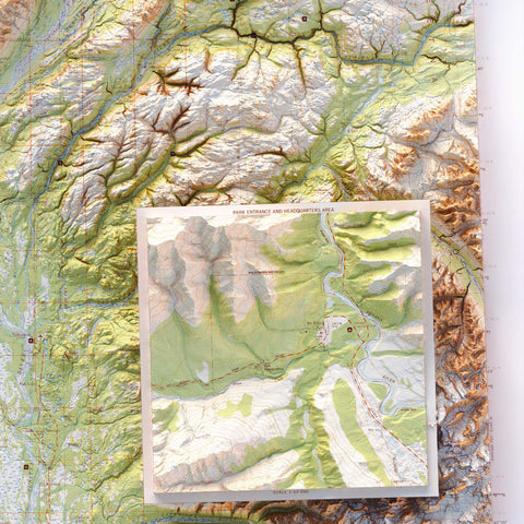 Denali National Park (Alaska, USA), Topographic map - 1986, 2D printed shaded relief map with 3D effect of a 1986 topographic map of Denali National Park (Alaska, USA). Shop our beautiful fine art printed maps on supreme Cotton paper. Vintage maps digitally restored and enhanced with a 3D effect. VizCart from Vizart