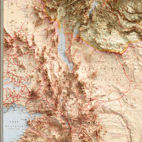 1937 Eastern Africa shaded relief topographic map print with 3D effect fine art wall decor. VizCart from Vizart.