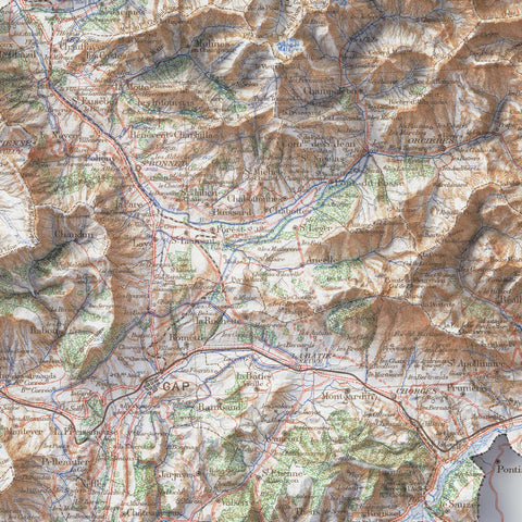 Hautes-Alpes (France) 1909 topographic restored antique shaded relief map print on fine art paper close-up