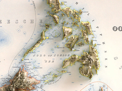 Indonesia, Topographic map - 1901, 2D printed shaded relief map with 3D effect of a 1901 topographic map of Indonesia. Shop our beautiful fine art printed maps on supreme Cotton paper. Vintage maps digitally restored and enhanced with a 3D effect., VizCart from Vizart