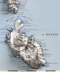 Lipari (Italy), Topographic map - 1873, 2D printed shaded relief map with 3D effect of a 1873 topographic map of Lipari (Italy). Shop our beautiful fine art printed maps on supreme Cotton paper. Vintage maps digitally restored and enhanced with a 3D effect. VizCart from Vizart