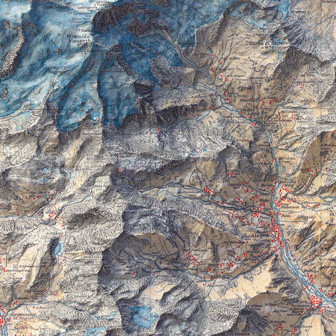 Matterhorn and Mt Rosa (Italy), Topographic map - 1928, 2D printed shaded relief map with 3D effect of a 1928 topographic map of Matterhorn and Mount Rosa. Shop our beautiful fine art printed maps on supreme Cotton paper. Vintage maps digitally restored and enhanced with a 3D effect. VizCart from Vizart