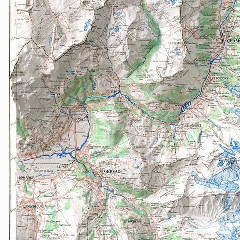 Mt Blanc (France, Italy, Switzerland), Topographic map - 1946, 2D printed shaded relief map with 3D effect of a 1946 topographic map of Mont Blanc. Shop our beautiful fine art printed maps on supreme Cotton paper. Vintage maps digitally restored and enhanced with a 3D effect. VizCart from Vizart