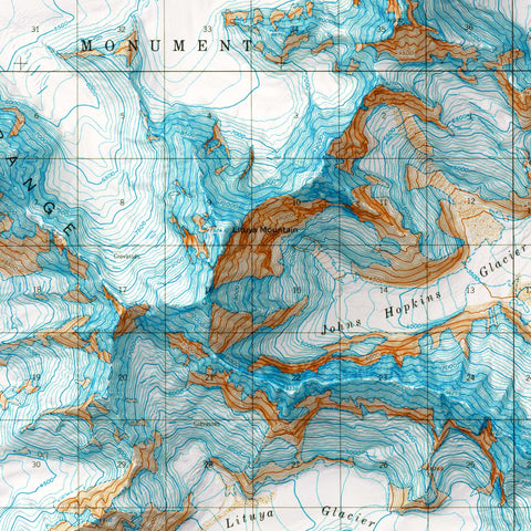 Mt Fairweather (Alaska, USA), Topographic map - 1966, 2D printed shaded relief map with 3D effect of a 1966 topographic map of Mt Fairweather (Alaska, USA). Shop our beautiful fine art printed maps on supreme Cotton paper. Vintage maps digitally restored and enhanced with a 3D effect. VizCart from Vizart