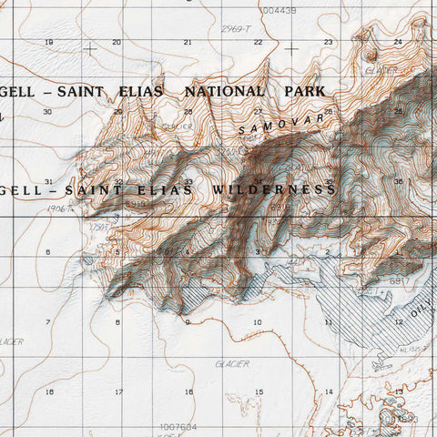 Mt Saint Elias (Alaska, USA), Topographic map - 1985, 2D printed shaded relief map with 3D effect of a 1985 topographic map of Mt Saint Elias (Alaska, USA). Shop our beautiful fine art printed maps on supreme Cotton paper. Vintage maps digitally restored and enhanced with a 3D effect. VizCart from Vizart