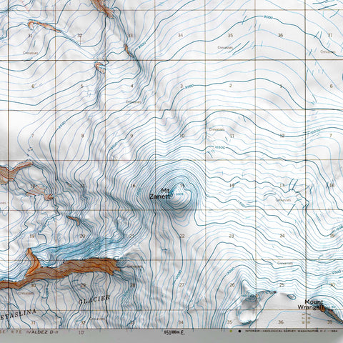 Mt Sanford (Alaska, USA), Topographic map - 1964, 2D printed shaded relief map with 3D effect of a 1964 topographic map of Mt Sanford (Alaska, USA). Shop our beautiful fine art printed maps on supreme Cotton paper. Vintage maps digitally restored and enhanced with a 3D effect. VizCart from Vizart