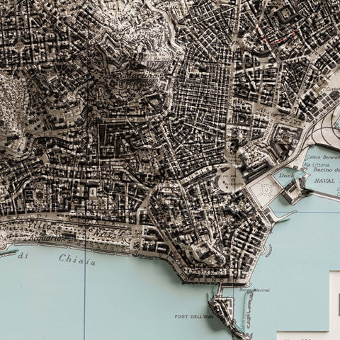 Naples (Italy), City map - 1943, 2D printed shaded relief map with 3D effect of a 1943 city map of Naples. Shop our beautiful fine art printed maps on supreme Cotton paper. Vintage maps digitally restored and enhanced with a 3D effect. VizCart from Vizart