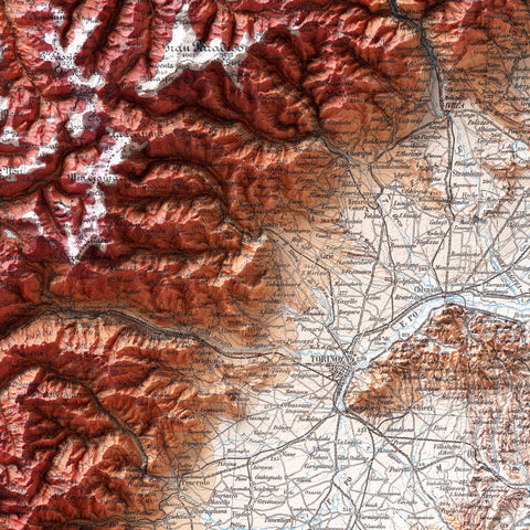 Piedmont (Italy), Topographic map - 1935, 2D printed shaded relief map with 3D effect of a 1935 topographic map of Piedmont (Italy). Shop our beautiful fine art printed maps on supreme Cotton paper. Vintage maps digitally restored and enhanced with a 3D effect. VizCart from Vizart