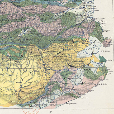 1891 Pyrenees (France, Spain) restored vintage geological map reprinted on fine art paper. Vizcart from Vizart