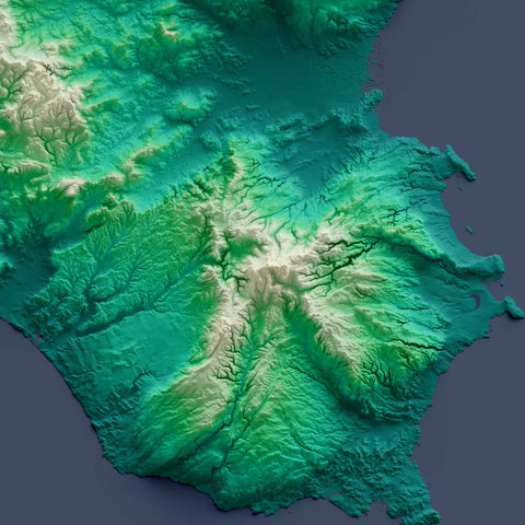 Sicily (Italy), Elevation tint - Viridis, 2D printed shaded relief map with 3D effect of Sicily (Italy) with viridis hypsometric tint. Shop our beautiful fine art printed maps on supreme Cotton paper. Vintage maps digitally restored and enhanced with a 3D effect. VizCart from Vizart